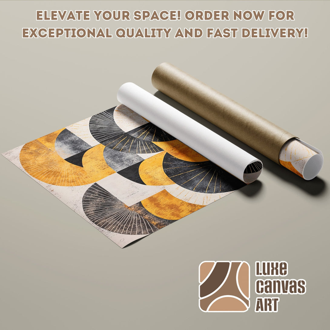 Geometric abstract Poster Roll art in gold, black, and gray. Elevate your space!