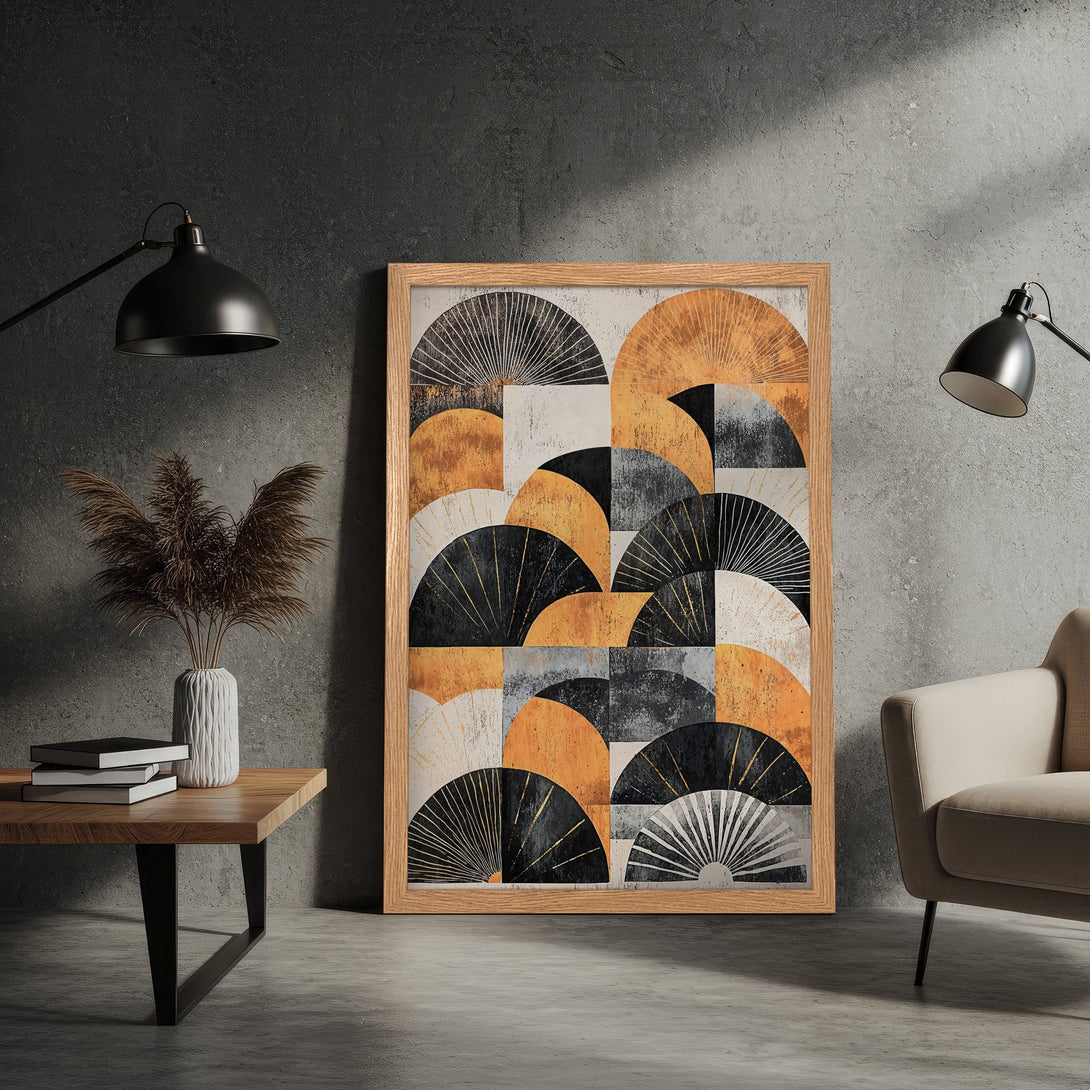 Framed Poster featuring a geometric fan design in a modern style. Color palette includes black, gold, and orange tones. Perfect wall art!