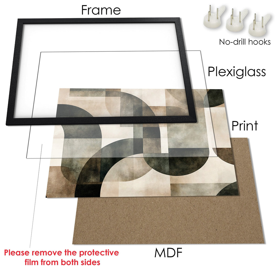Framed Poster with abstract geometric design in neutral tones. Modern art print ready to hang.