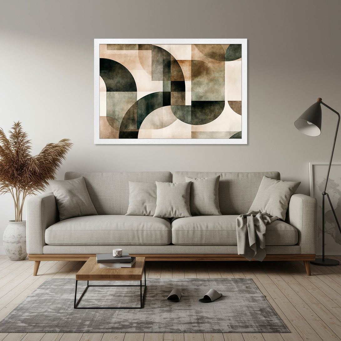 Framed Poster featuring abstract geometric art in earthy tones. Perfect for modern home decor!