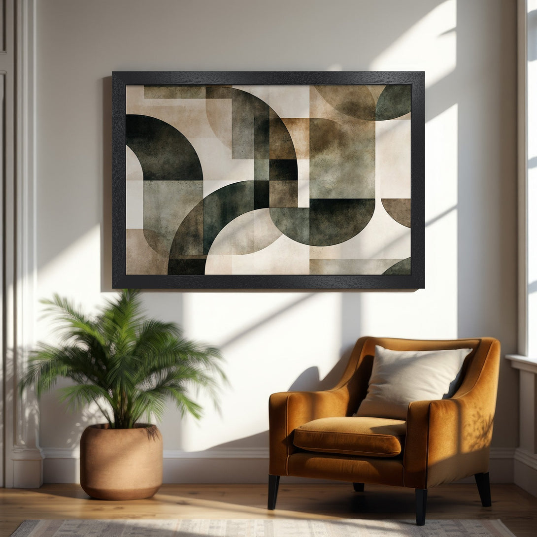 Framed Poster featuring abstract geometric art in earthy tones. Modern wall art for home decor.