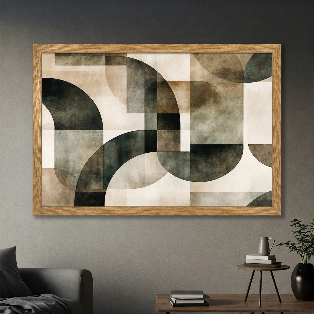 Framed Poster featuring abstract geometric art in a neutral color palette. Modern wall decor for your home.