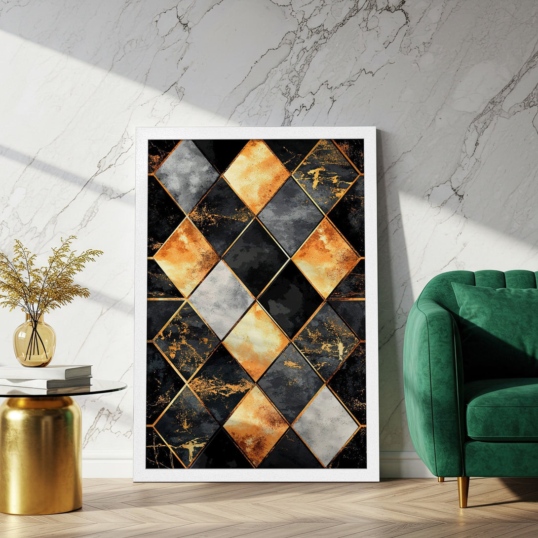 Framed Poster featuring a geometric diamond design in black, gold, and gray. Modern art style, perfect for home decor.