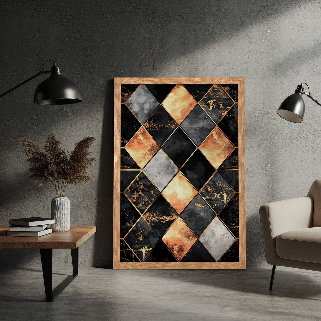 Framed Poster with geometric design in black, gold, and copper tones. Modern art print for home decor.