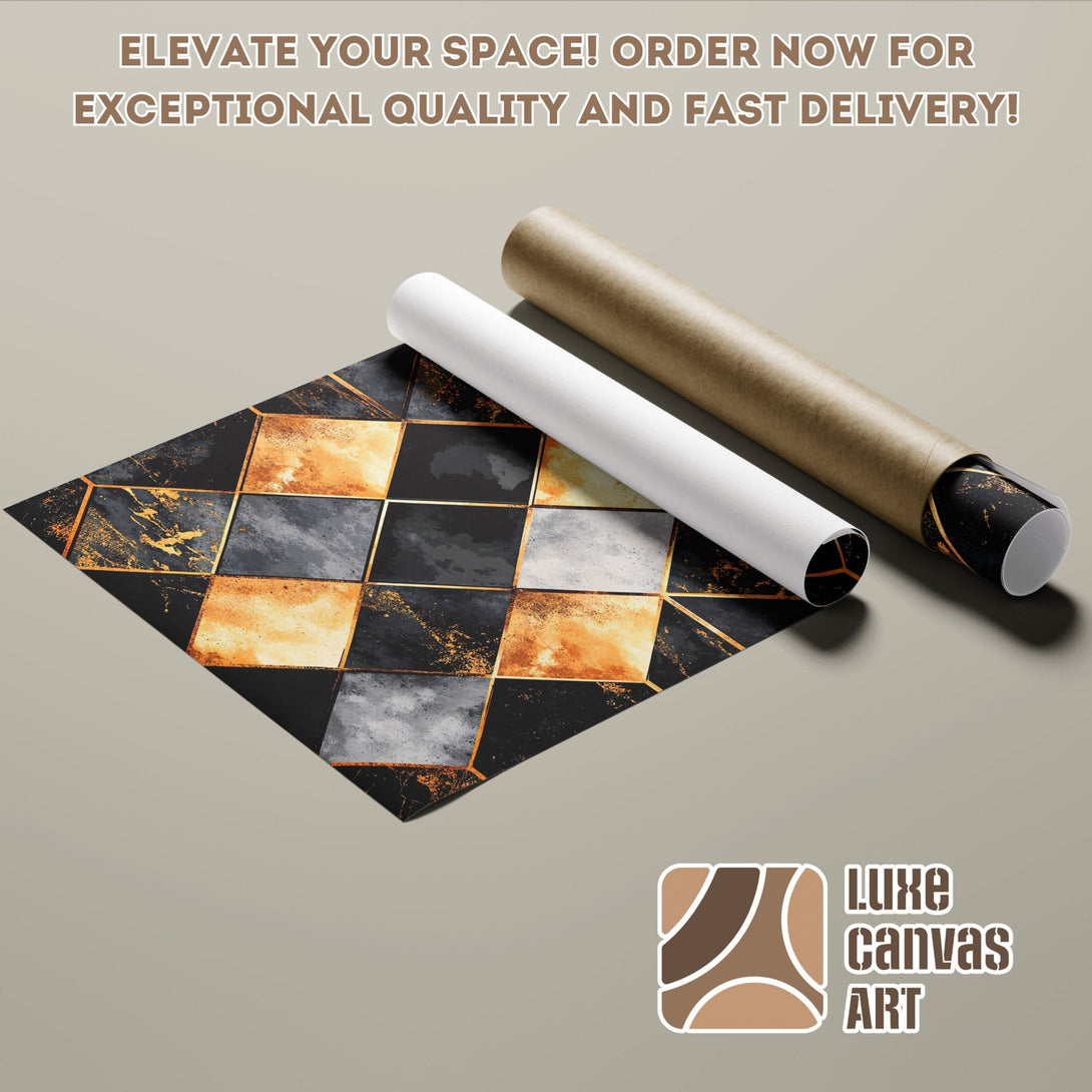 Geometric Poster Roll with black, gold, and gray abstract design. Modern art for your space.