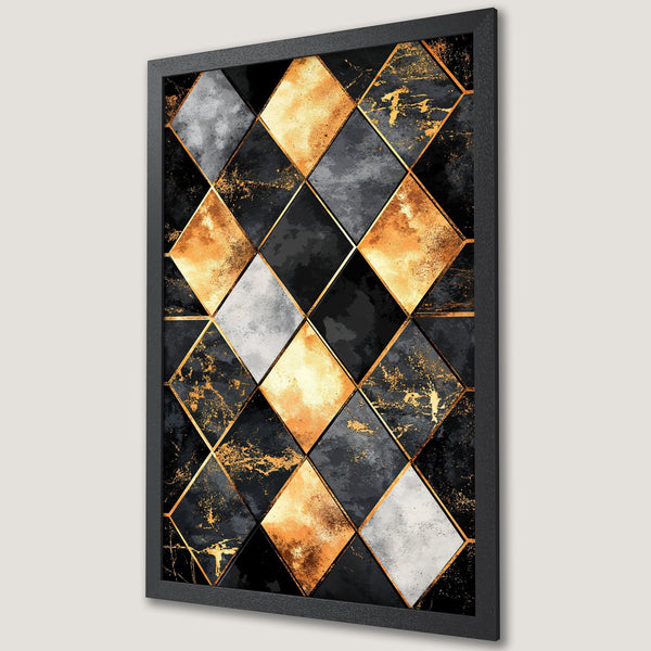 Framed Poster featuring a geometric diamond design in black, gold, and gray. Modern art print for home decor.