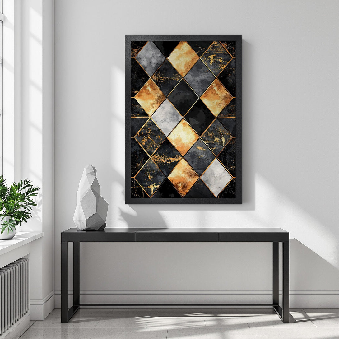 Framed Poster featuring a geometric abstract design in black, gold, and gray. Modern art for home decor.