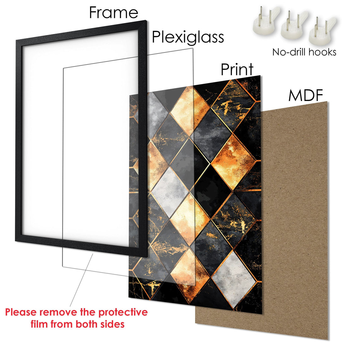 Framed Poster with geometric design in black, gold, and gray. Modern art print for home decor. Ready to hang.