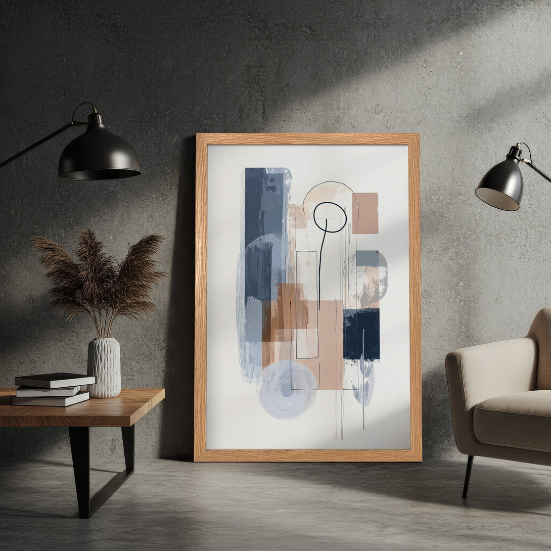 Framed Poster featuring abstract art in blue, beige, and brown tones. Modern wall art for home decor.
