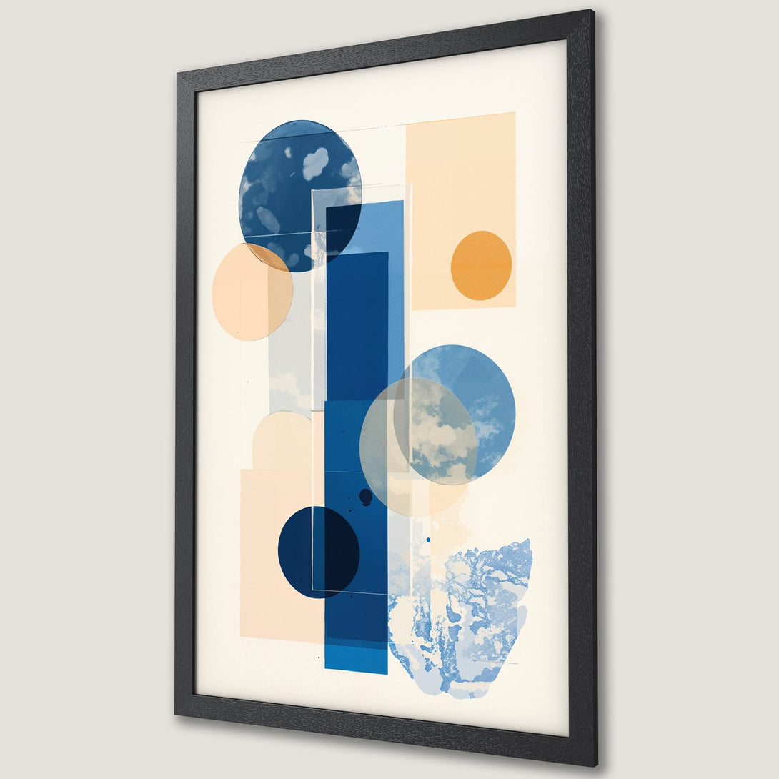 Framed Poster featuring abstract geometric art with blue, orange, and beige color palette. Modern wall art for home decor.