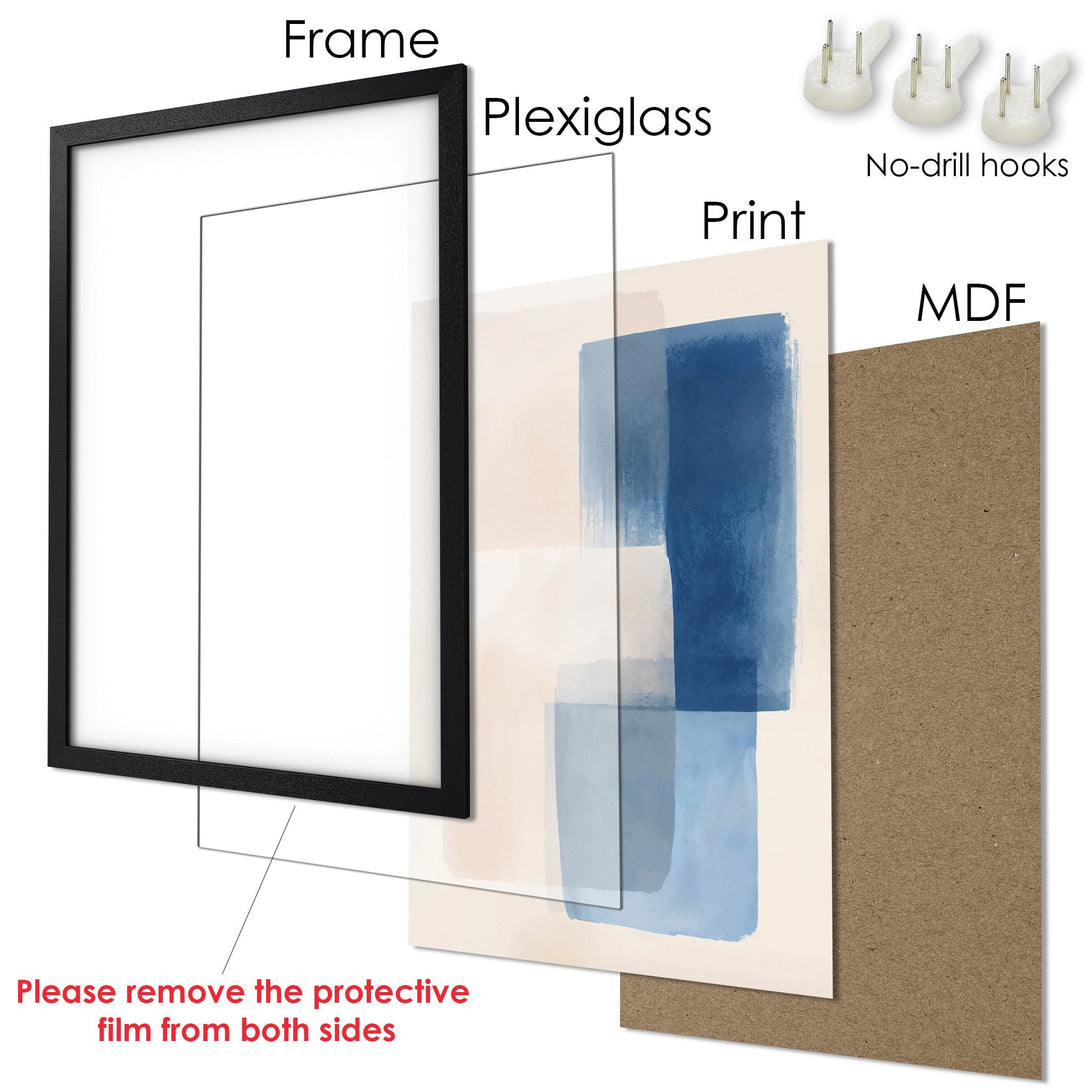 Framed Poster: Modern abstract art in blue and beige tones. Ready to hang! Shop now for stylish wall decor.