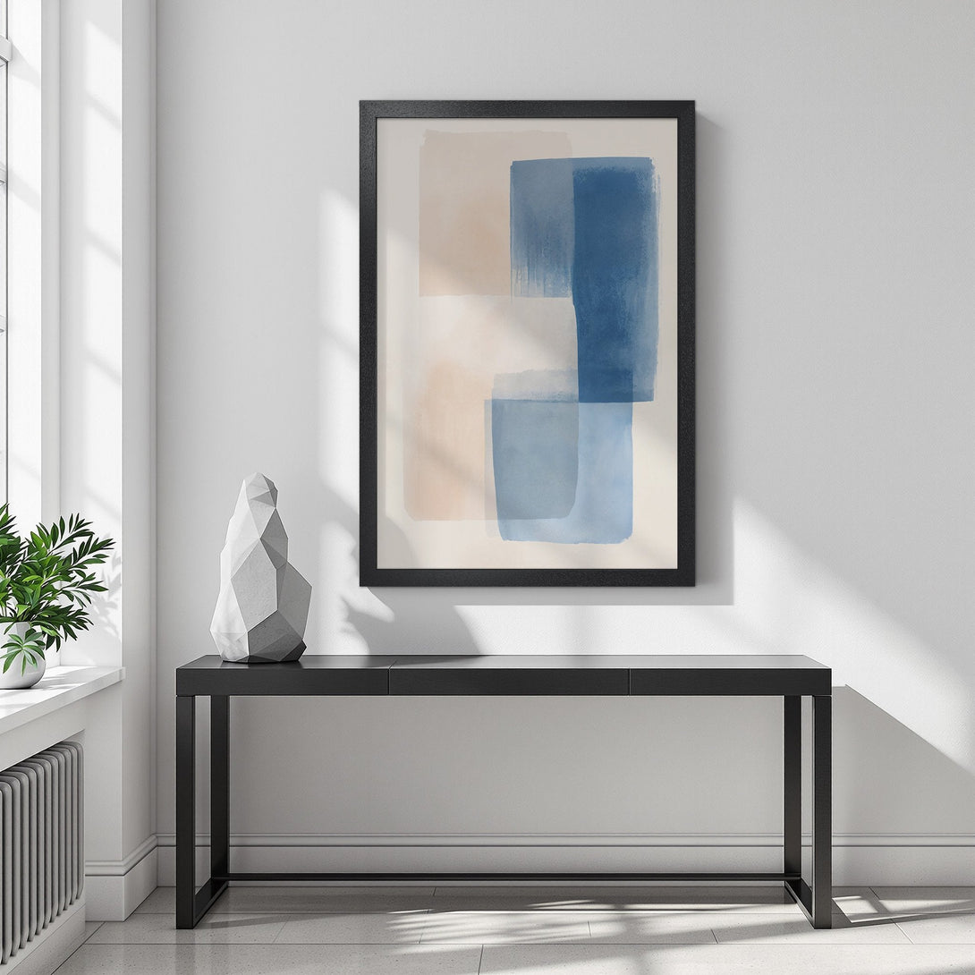 Framed Poster featuring abstract art in blue and beige tones. Modern style, perfect for home decor.