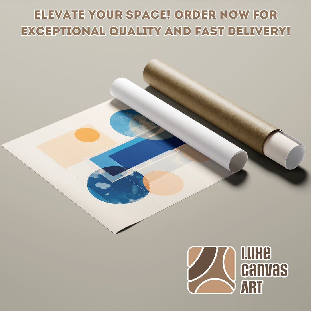 Abstract art poster roll with a blue, beige, and orange color palette. Elevate your space with this stylish poster! Order now.