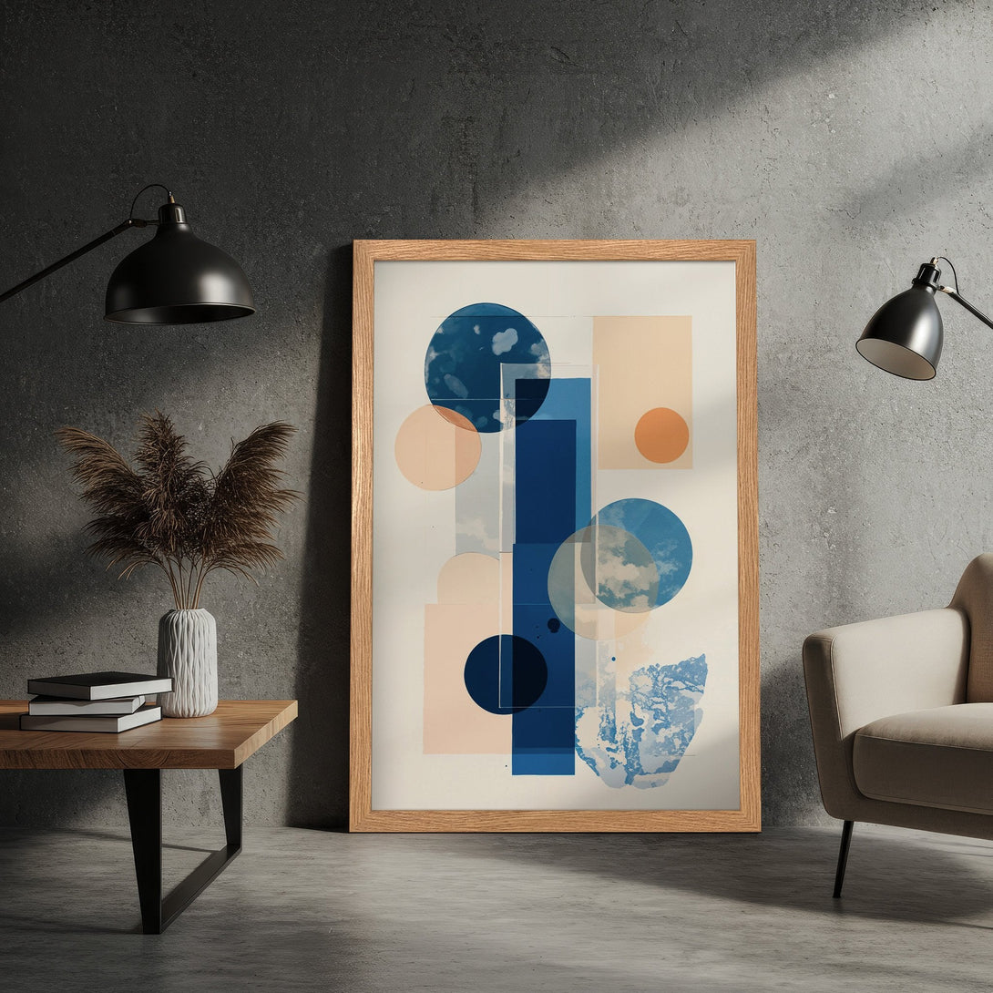 Framed Poster featuring abstract geometric art in blue, peach, and cream. Modern style, perfect for home decor.