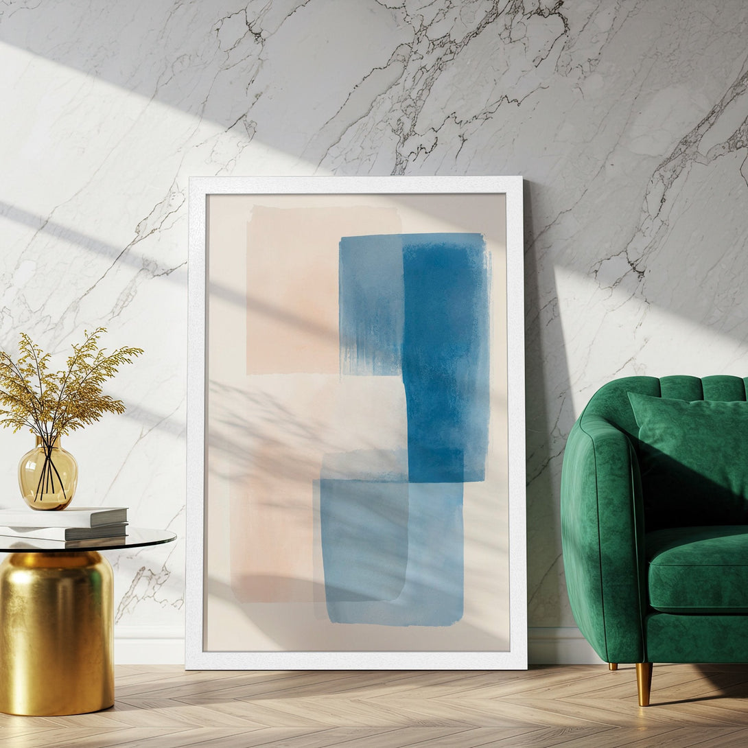 Framed Poster featuring abstract art in blue and peach hues, perfect for modern home decor. Shop now!