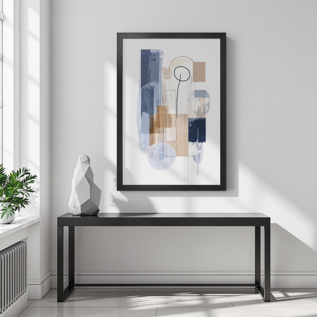 Framed Poster featuring abstract art in blue, beige, and brown tones. Modern wall decor for your home.