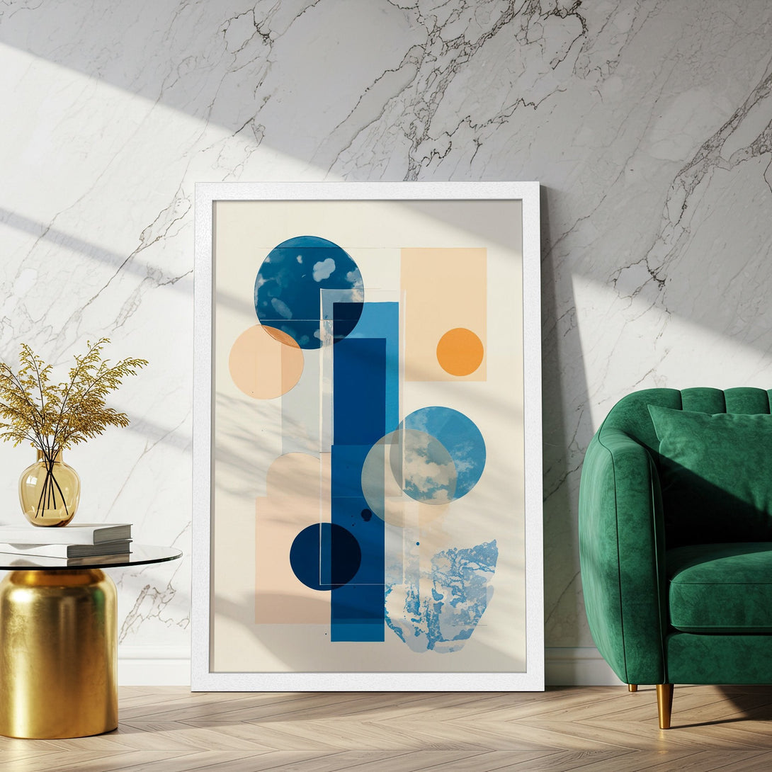 Framed Poster featuring abstract geometric art in blue, peach, and cream. Modern wall art for your home!
