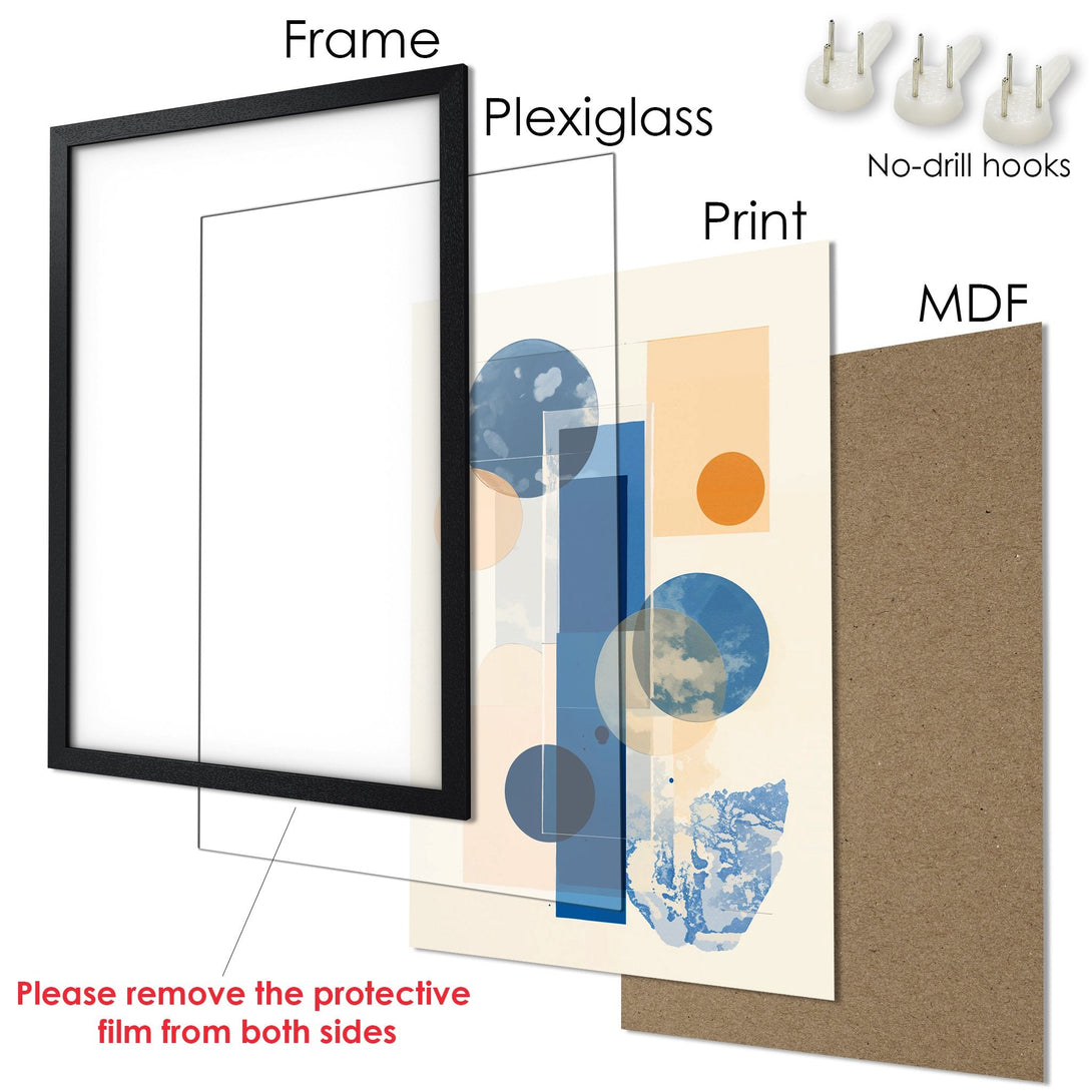 Framed Poster with abstract art in blue, orange, and cream tones. Modern wall art for any space.