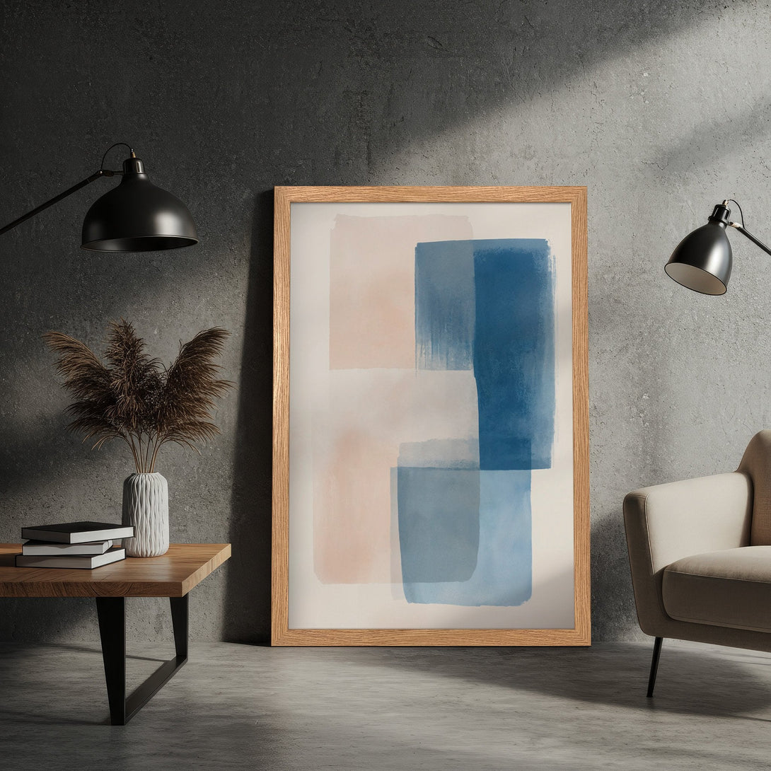 Framed Poster featuring abstract art in blue and blush tones. Modern style, perfect for home decor.