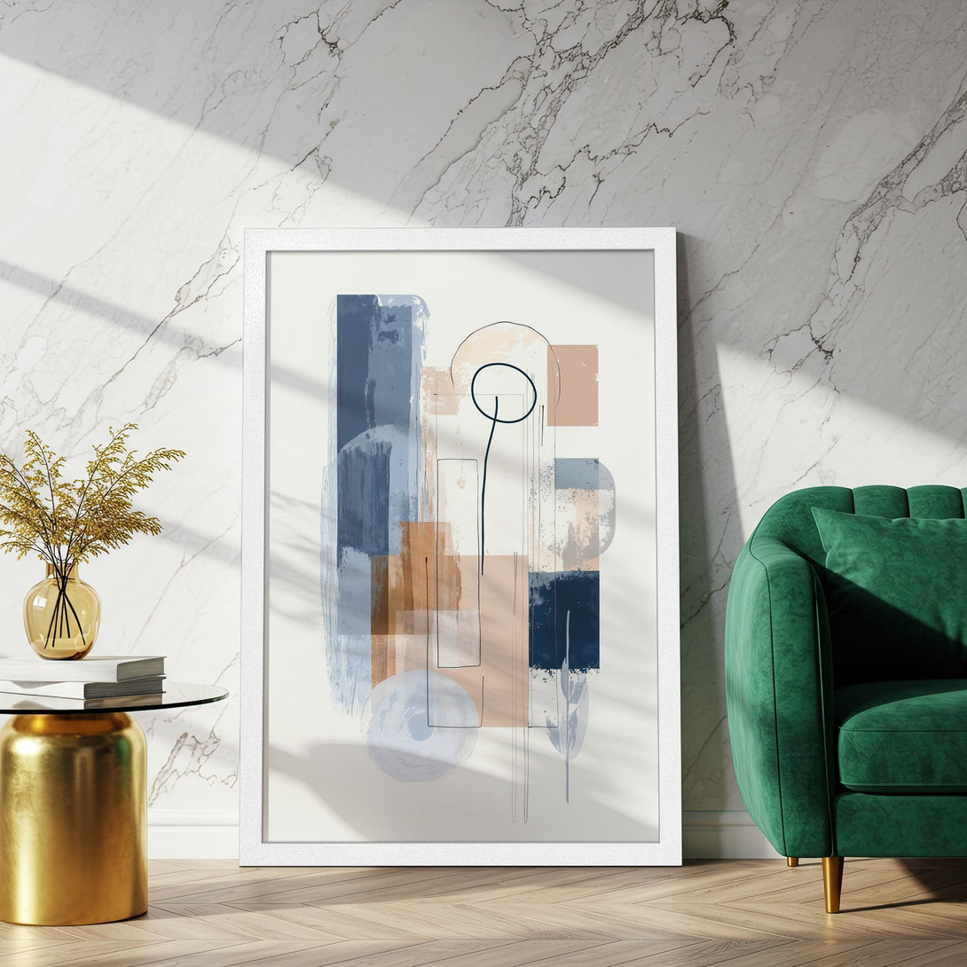 Framed Poster featuring abstract art in blue, beige, and brown. Modern wall decor for stylish homes.