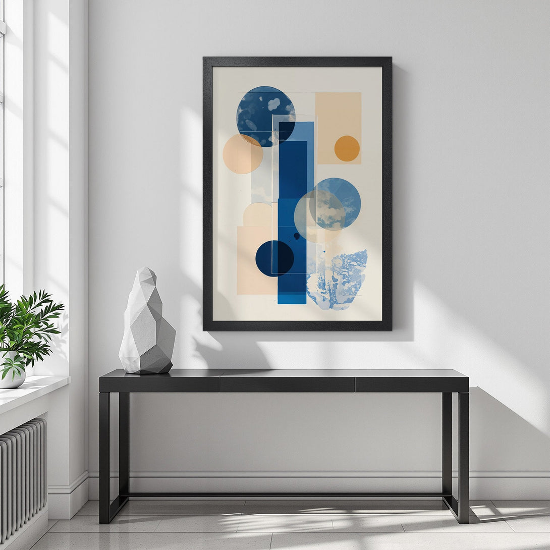 Framed Poster featuring abstract geometric art in blue, beige, and orange. Modern style, perfect wall decor.