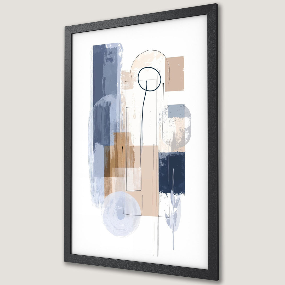 Framed Poster featuring abstract art in a modern style with a blue, beige, and neutral color palette. Perfect wall decor!