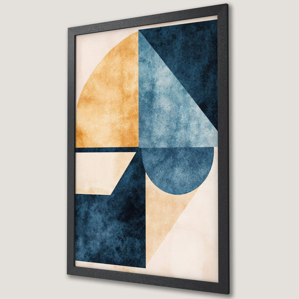 Framed Poster featuring abstract geometric shapes in blue, beige, and ochre tones. Modern art print for your home.