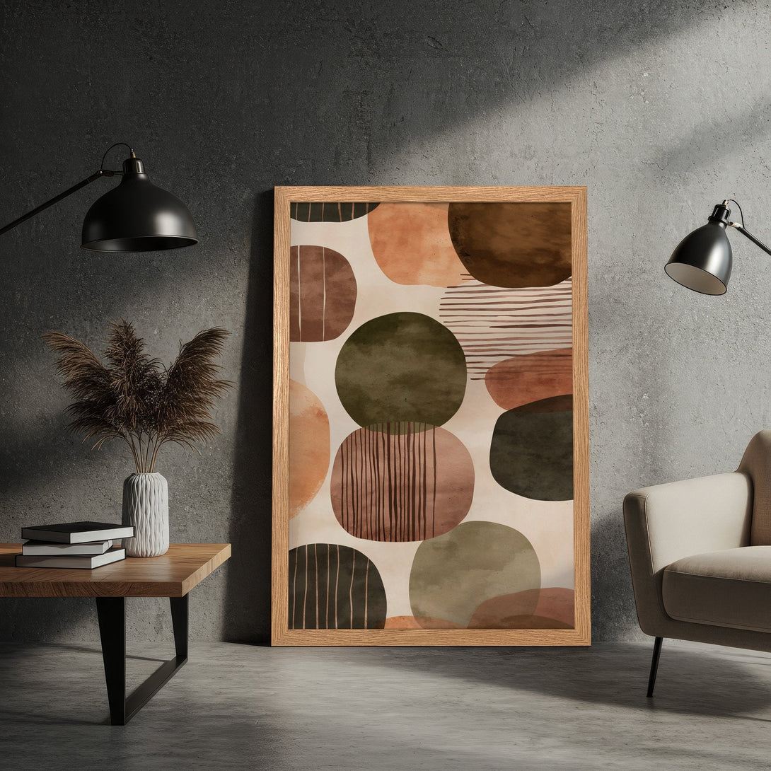 Framed Poster featuring abstract organic shapes in earthy tones. Modern art print perfect for home decor.