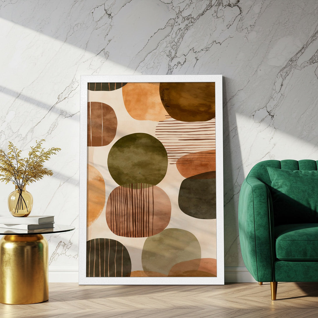 Framed Poster with abstract art in earthy tones. Modern style wall art for home decor.