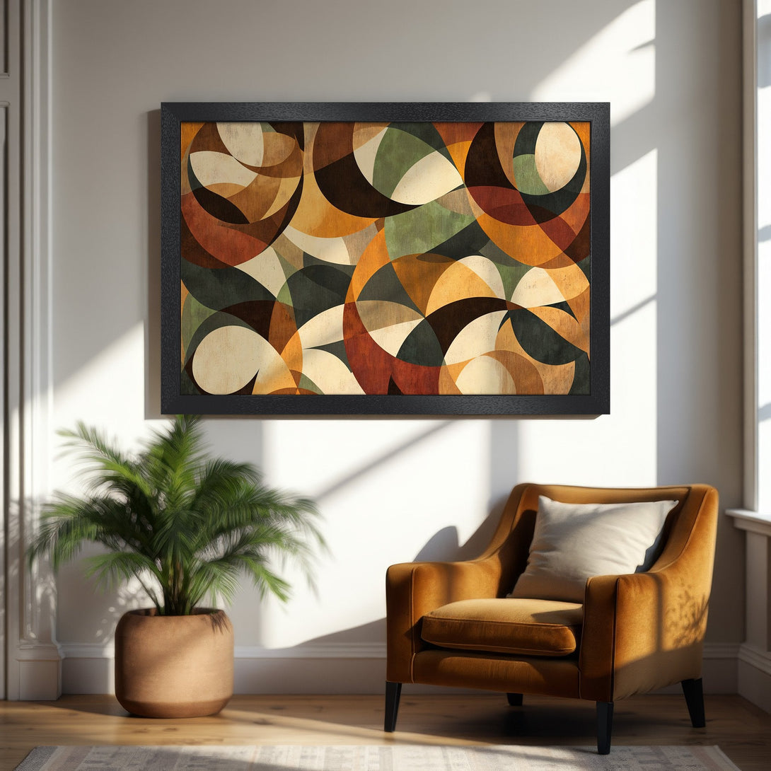 Framed Poster: Abstract geometric art print in warm earth tones, perfect for modern home decor.
