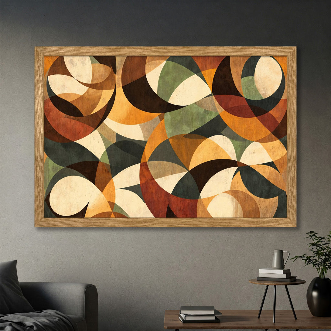 Framed Poster featuring an abstract geometric design in warm earth tones. Perfect art for any room!