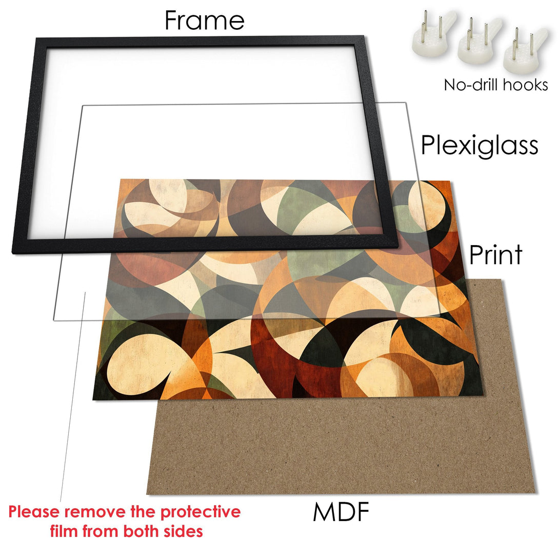 Framed Poster with abstract geometric design in warm, earthy tones. Modern art print ready to hang.