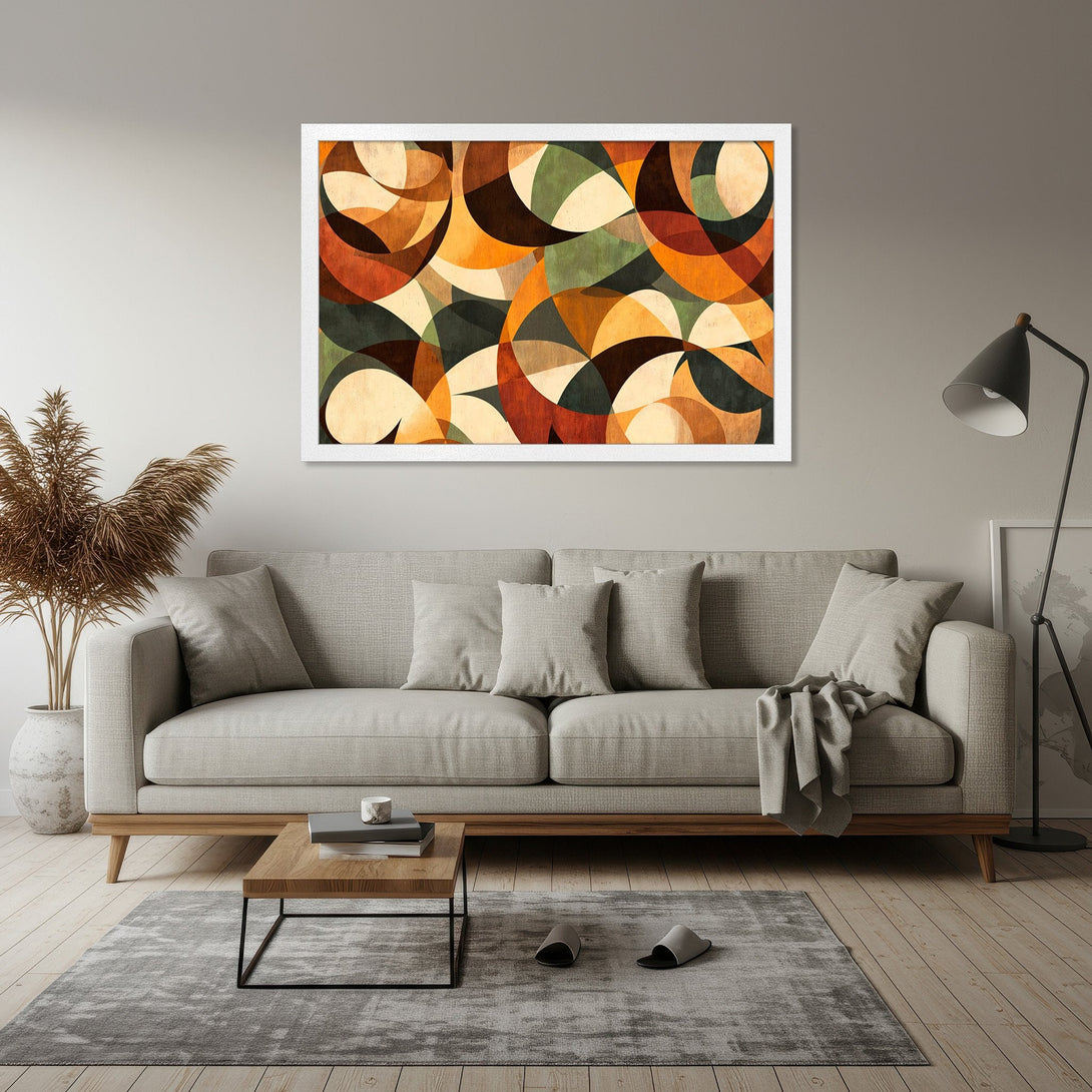 Framed Poster featuring abstract geometric art in warm earth tones. Modern art print for stylish home decor.