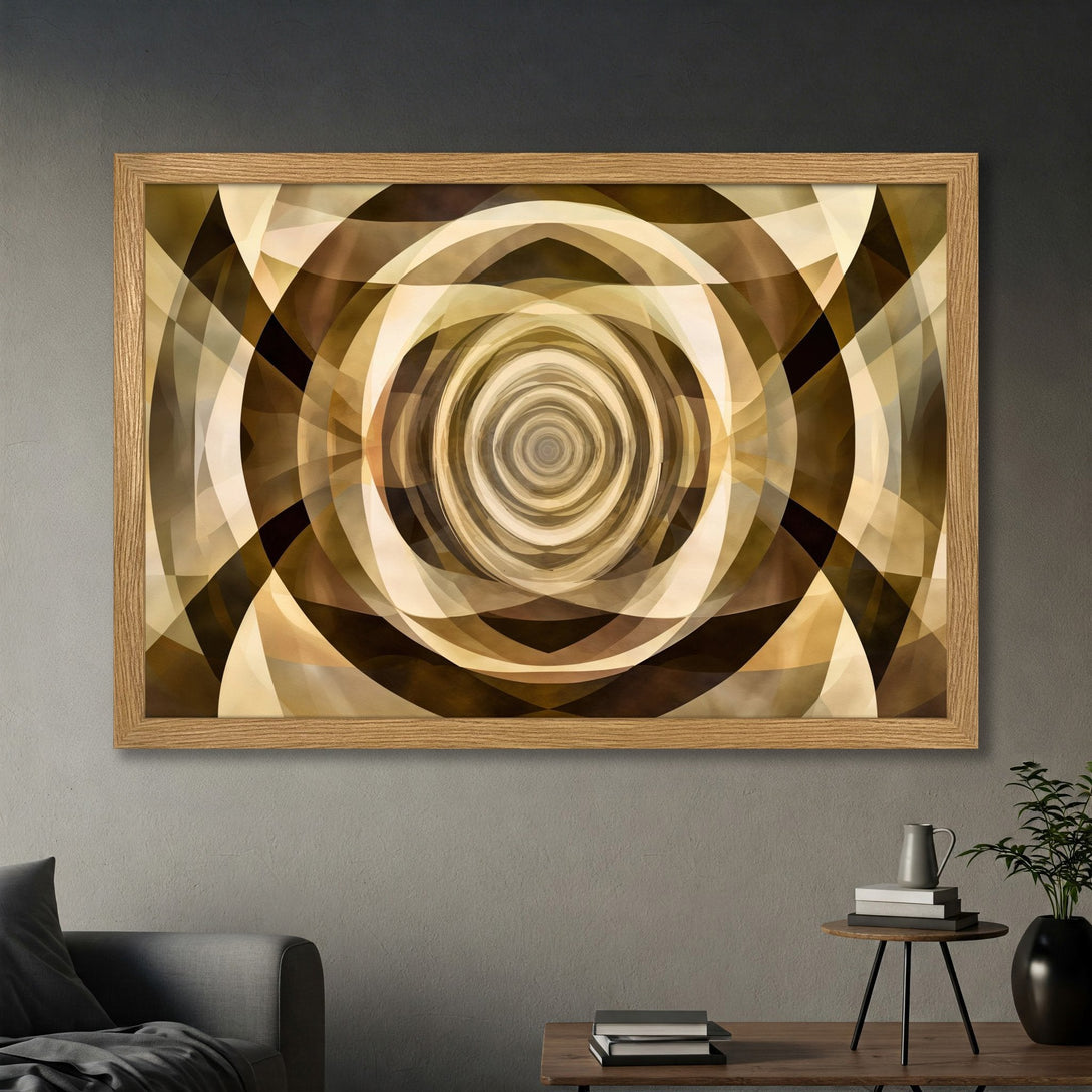 Framed Poster featuring an abstract geometric design in warm brown and beige tones. Modern art print perfect for home decor.