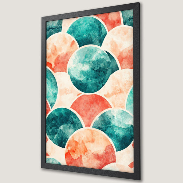 Framed Poster featuring watercolor abstract art with teal, coral, and peach hues. Modern wall decor for a stylish home.