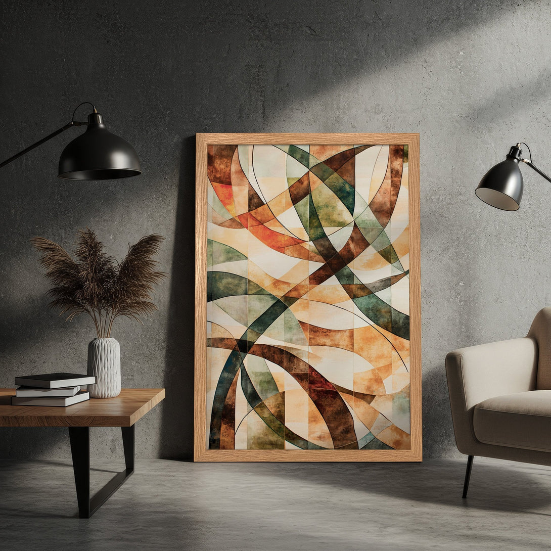 Framed Poster featuring abstract geometric art in earth tones. Modern wall decor for your home.
