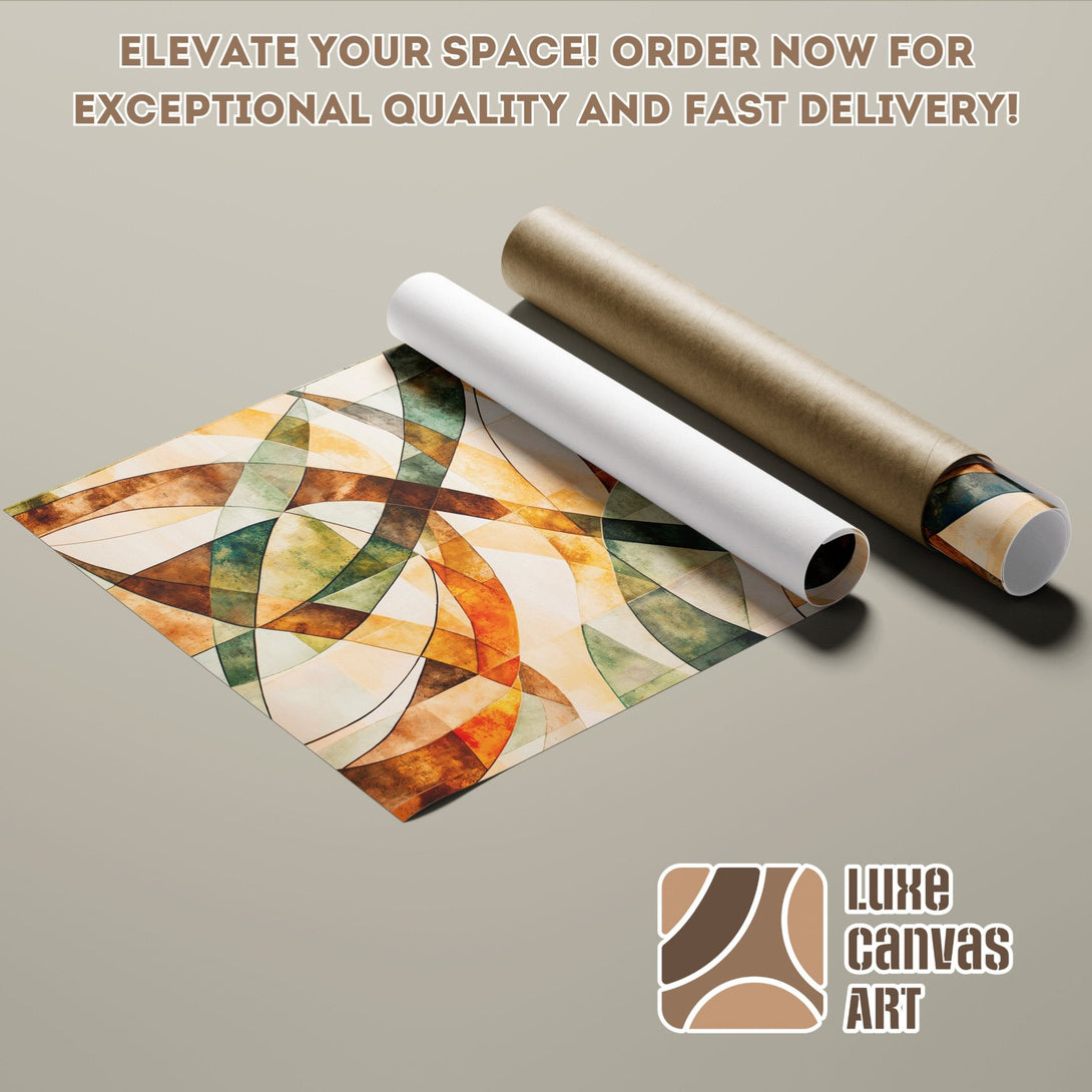 Abstract art poster roll with warm earth tones and geometric shapes. Elevate your space!