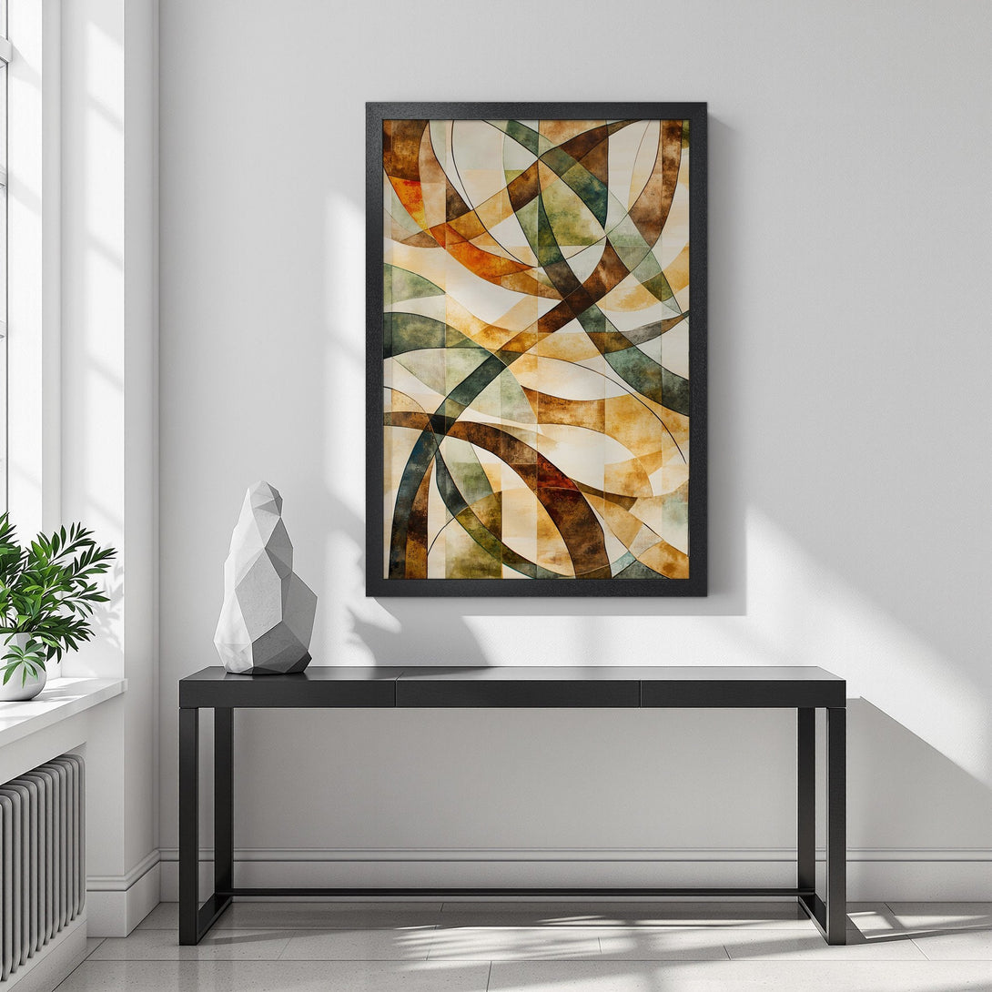 Framed Poster featuring abstract geometric art in warm earth tones. Perfect wall decor for modern homes.