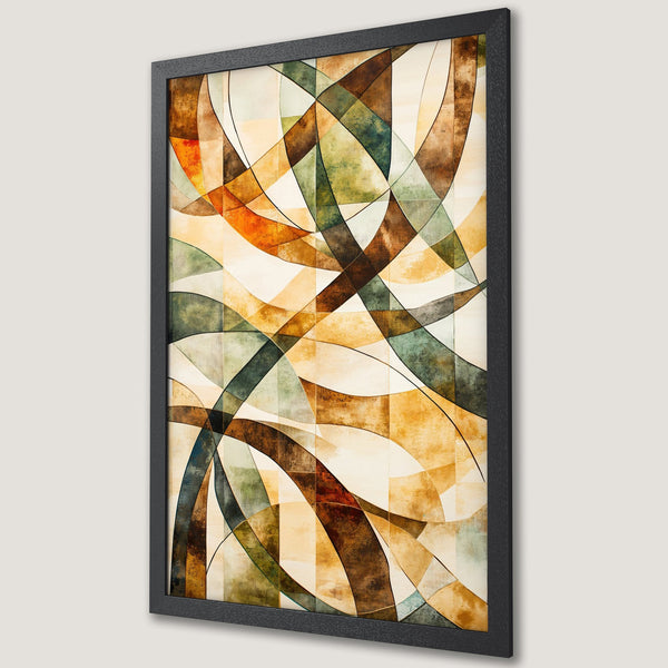 Framed Poster featuring abstract geometric art in warm earth tones. Modern wall decor with a stylish color palette.