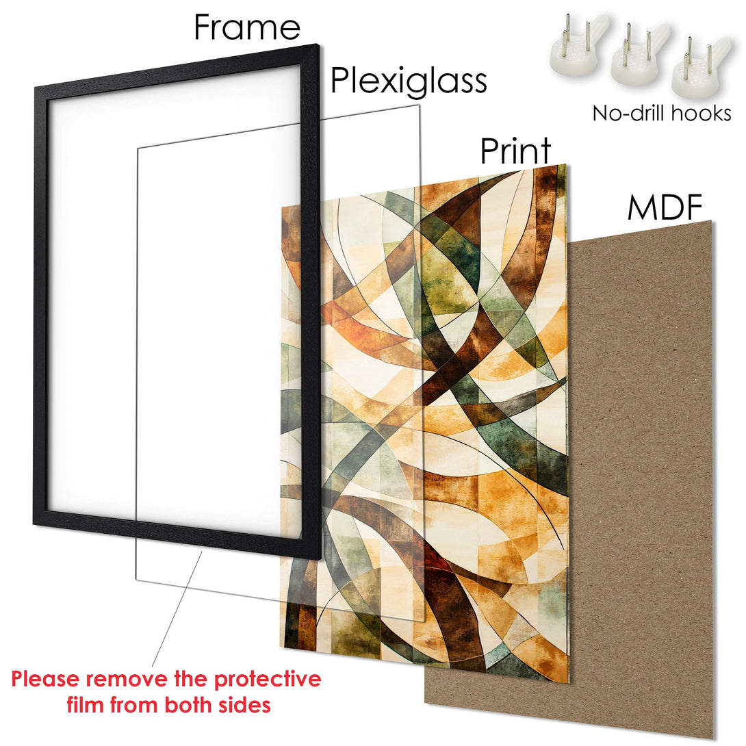 Framed Poster with abstract geometric art in warm earth tones. Modern wall decor for living room or office.
