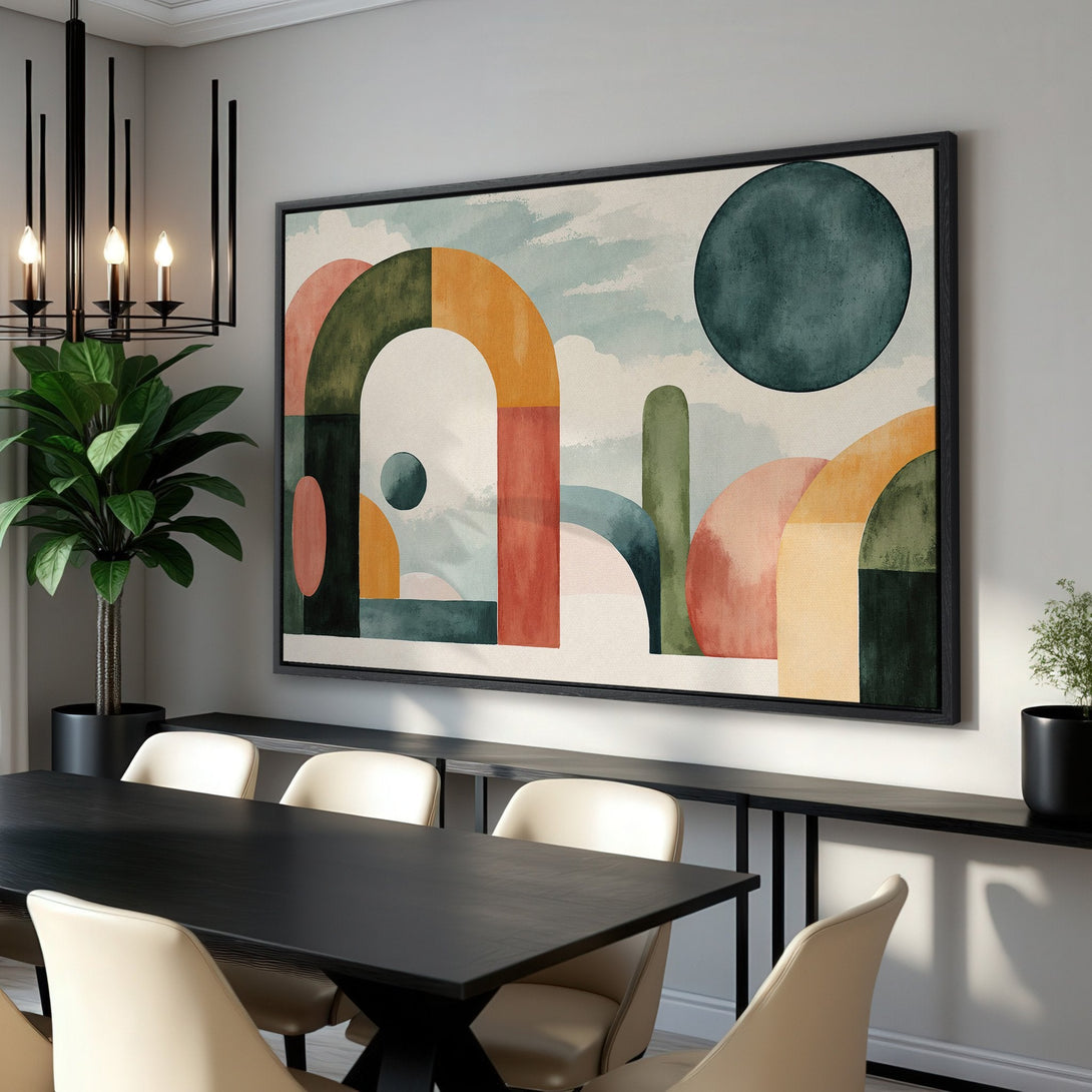 Framed Wall Art: Abstract watercolor canvas print with geometric shapes in muted earth tones. Modern art for living room or dining room decor.