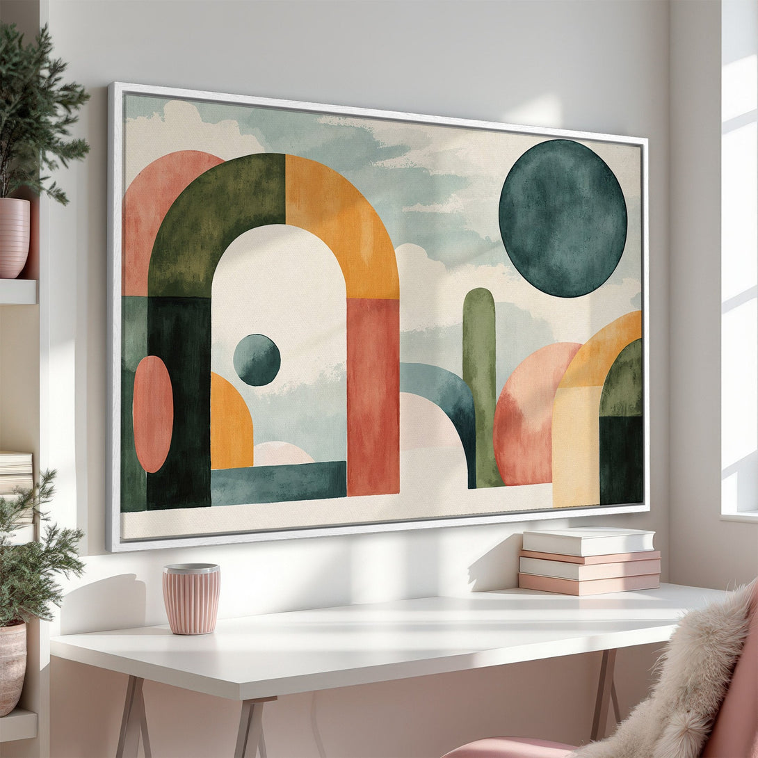 Framed Wall Art featuring abstract geometric shapes in muted earth tones. Add a touch of modern art to your space with this stylish Canvas Print.