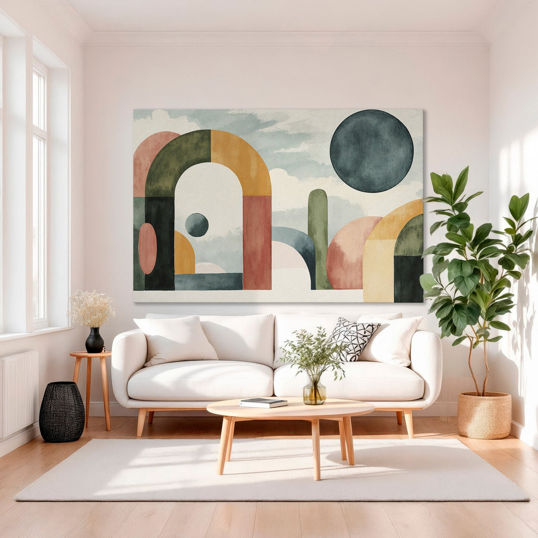 Framed Wall Art: Abstract geometric canvas print in warm earth tones. Modern art piece adds a touch of elegance to any interior. Shop now!