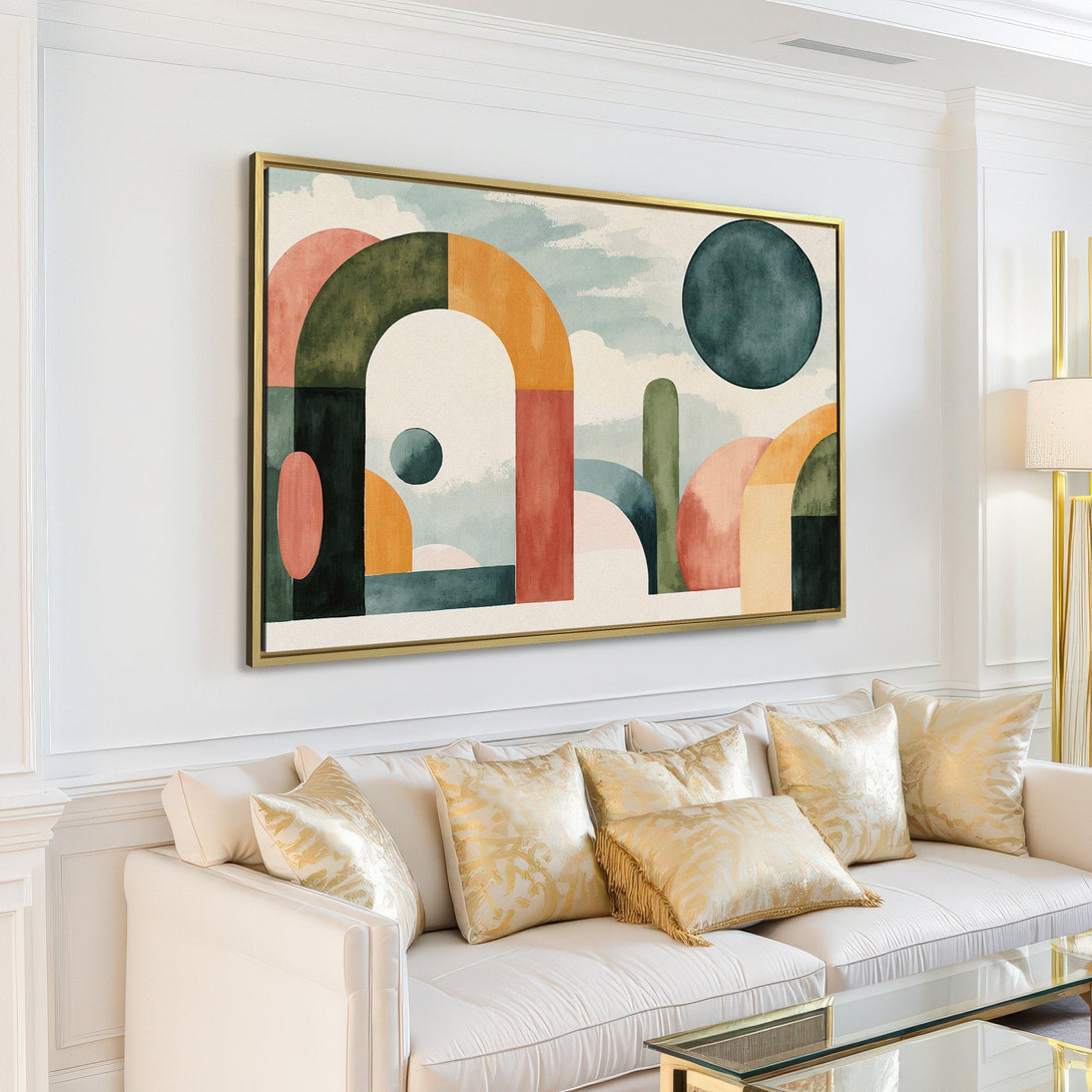 Abstract Canvas Print in a modern living room. Features geometric shapes in earthy tones: rust, olive, and gold. Perfect wall art for a stylish home.
