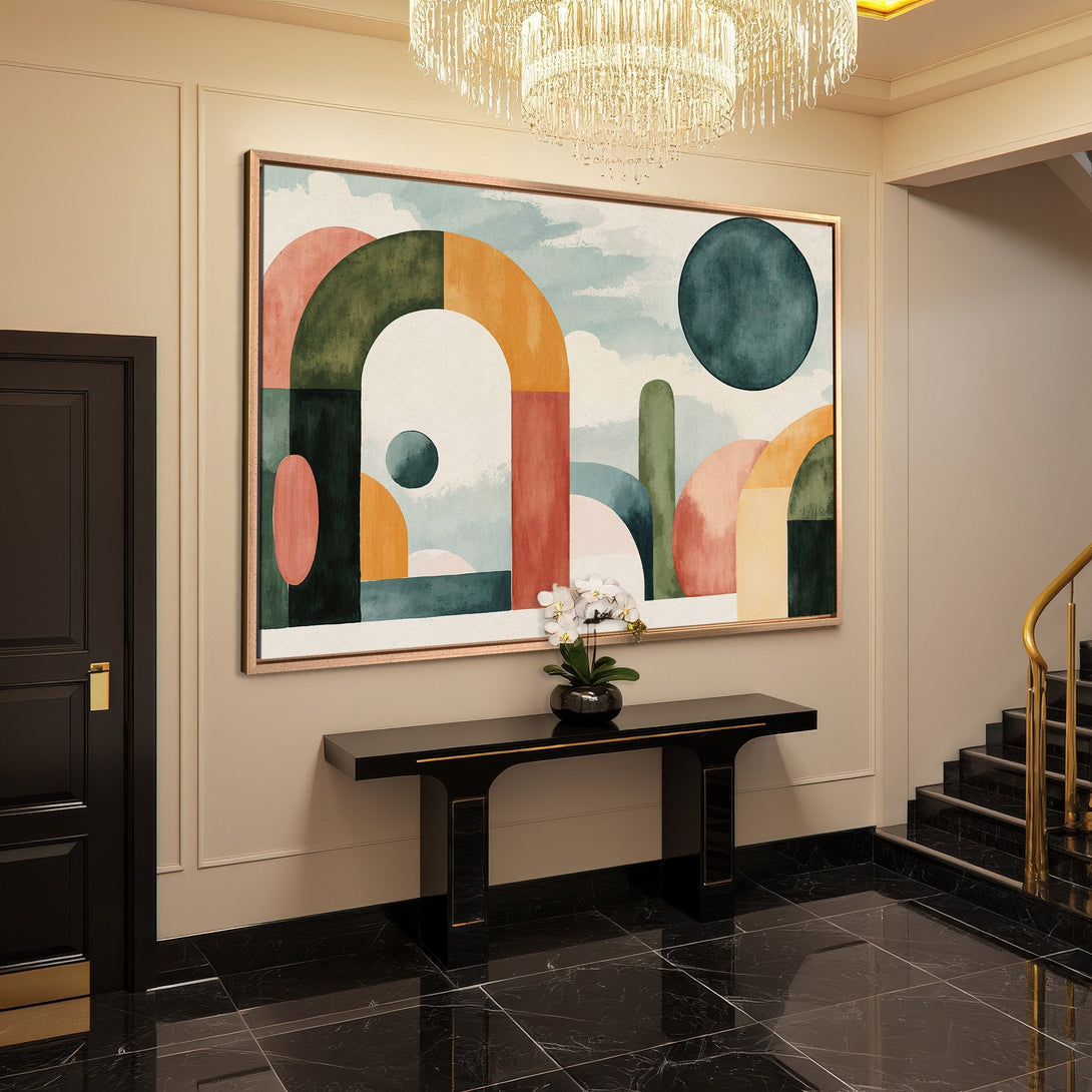 Framed Wall Art: Modern abstract Canvas Print in a hallway. Features a colorful geometric design with warm tones. Perfect for adding art to your home.
