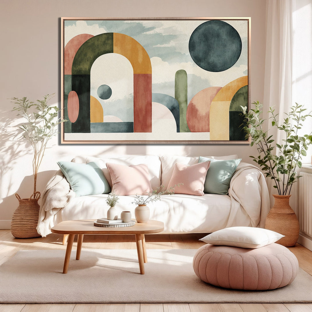Framed Wall Art: Abstract geometric canvas print in warm, earthy tones. Modern art for living room decor, featuring a calming color palette.