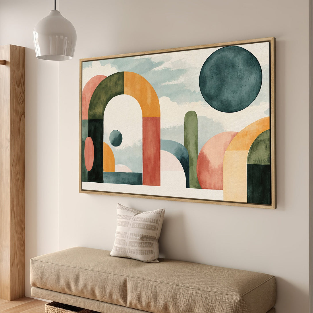 Abstract Canvas Print with geometric shapes in a watercolor style. Features a warm color palette of greens, oranges, and blues. Perfect for modern decor.