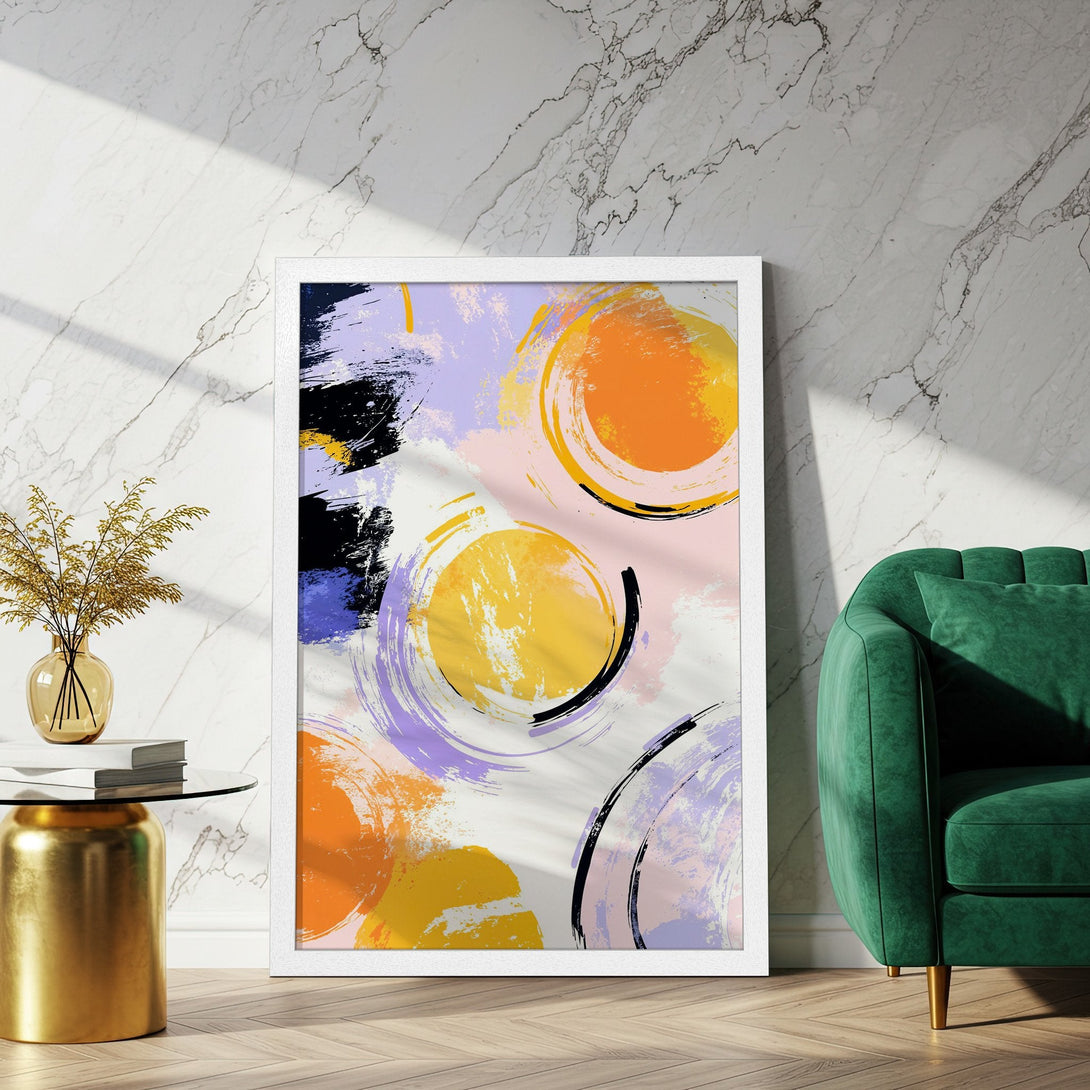 Framed Poster with abstract brushstroke art in orange, yellow, purple, and black. Modern art print for home decor.