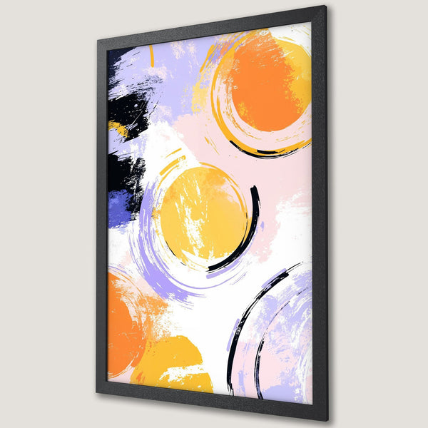 Framed Poster featuring abstract brushstroke art in orange, yellow, purple, and black on a white background. Modern art for your home!