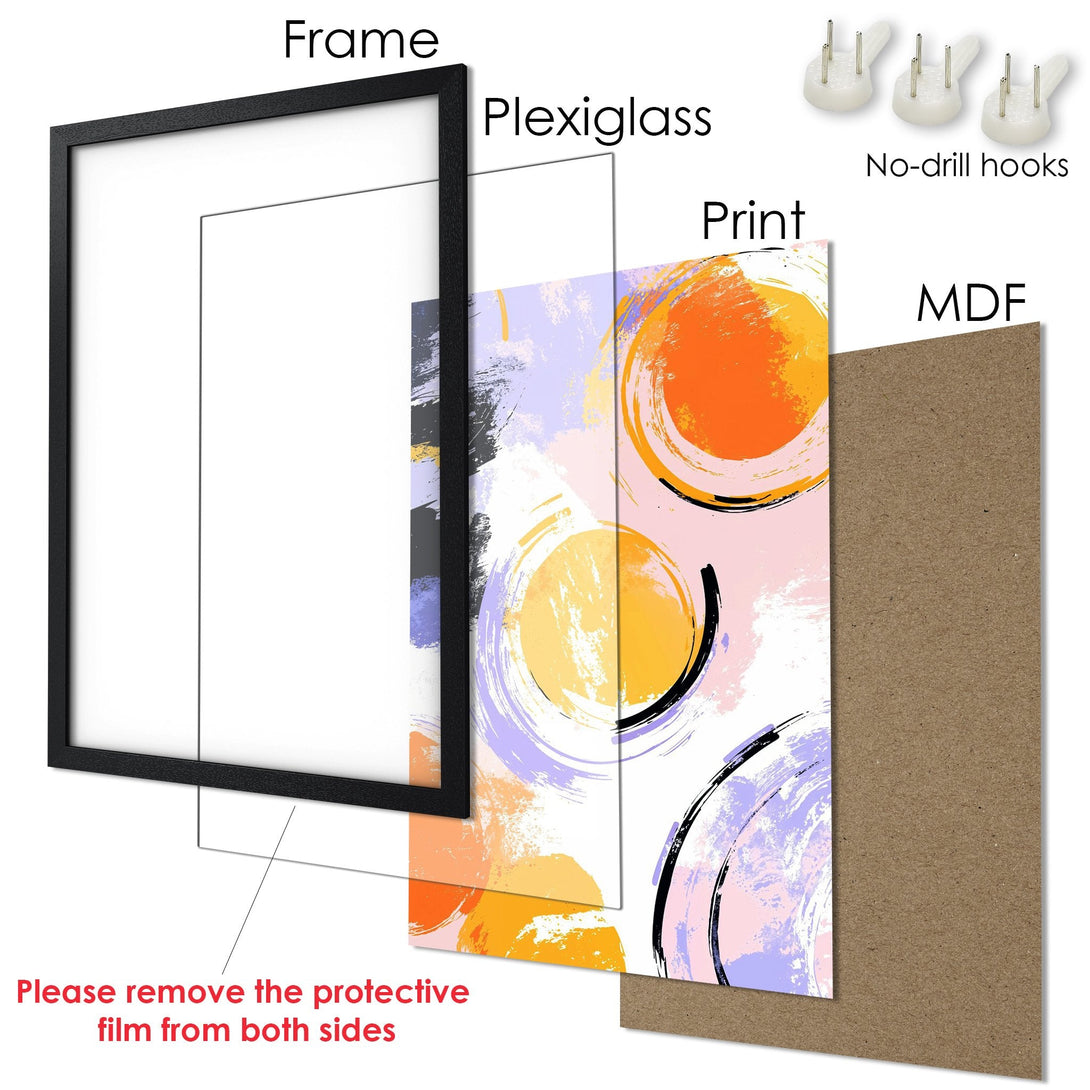Framed Poster with abstract art in orange, purple, and black. Modern wall art for your home.
